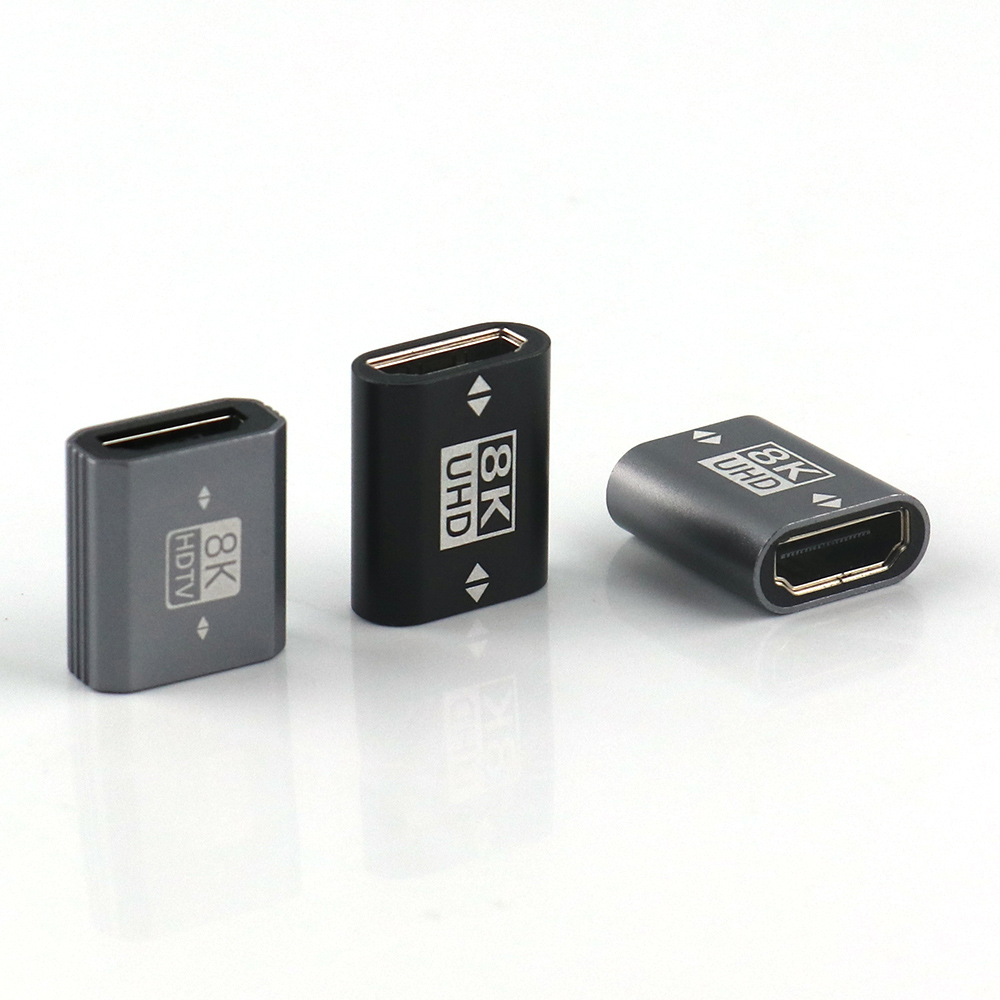 8K HDMI female to female adapter in gray and black colors