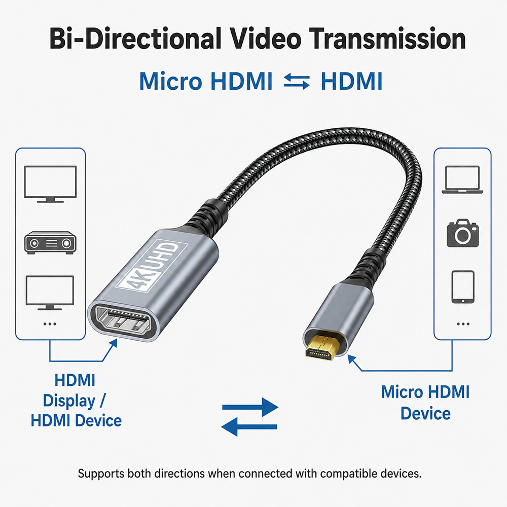 Bi-directional Micro HDMI to HDMI adapter cable showing Micro HDMI to HDMI video transmission for compatible devices