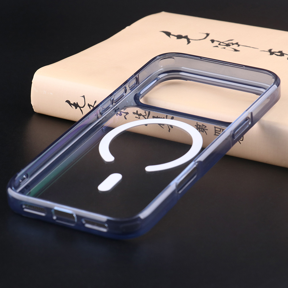 Blue transparent Aurora case for iPhone 17 series with glossy edge design