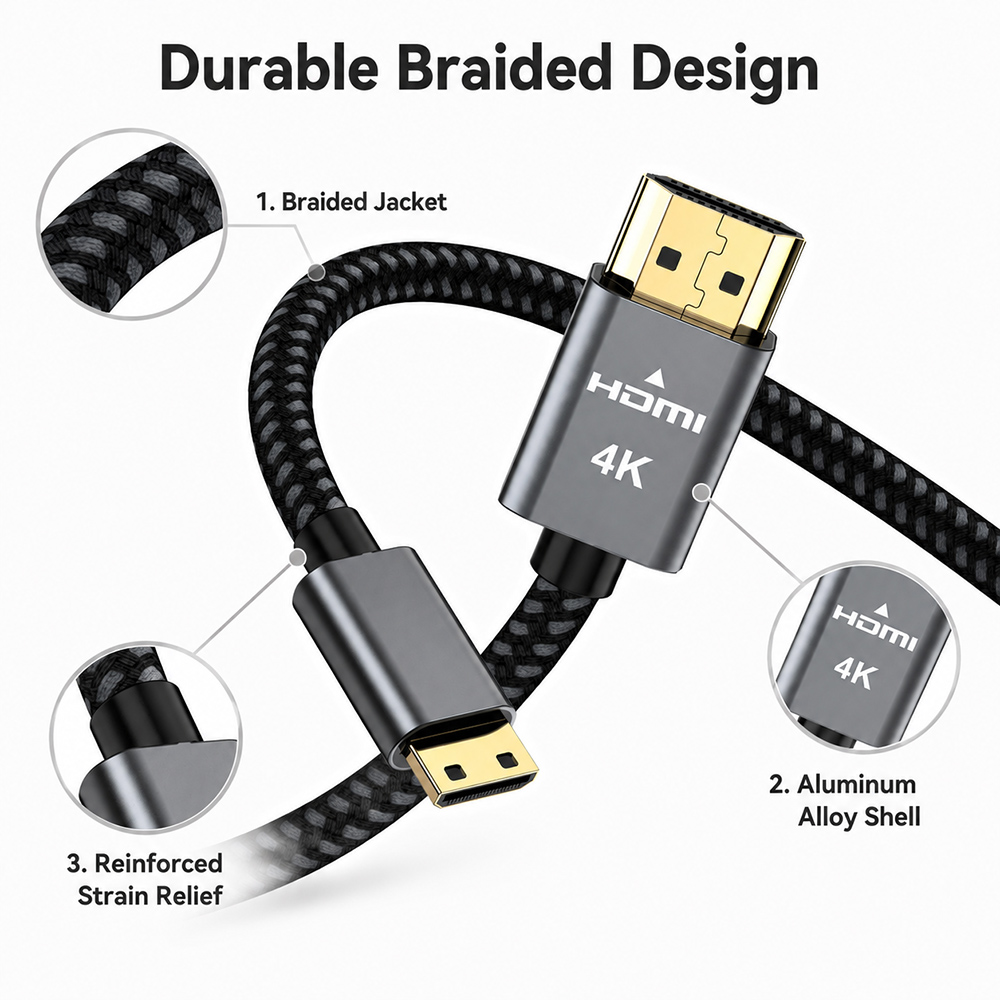 Durable braided Mini HDMI to HDMI cable with aluminum alloy shell and reinforced strain relief