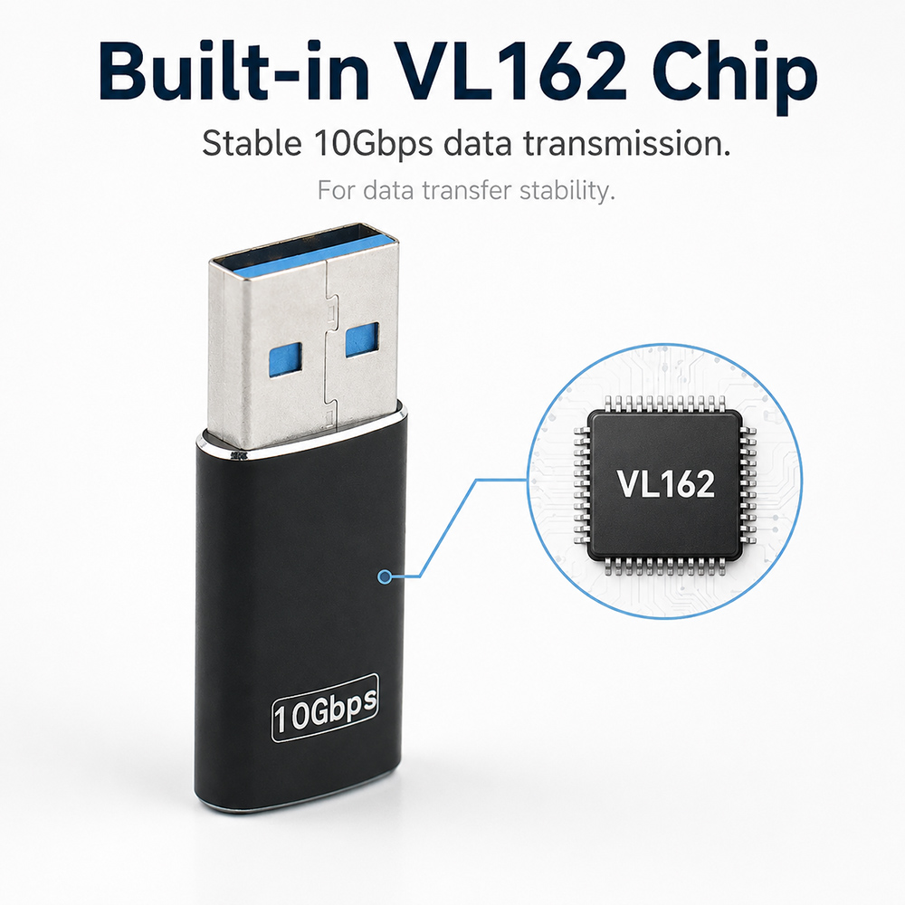 10Gbps USB-A to USB-C adapter with built-in VL162 chip for stable data transfer