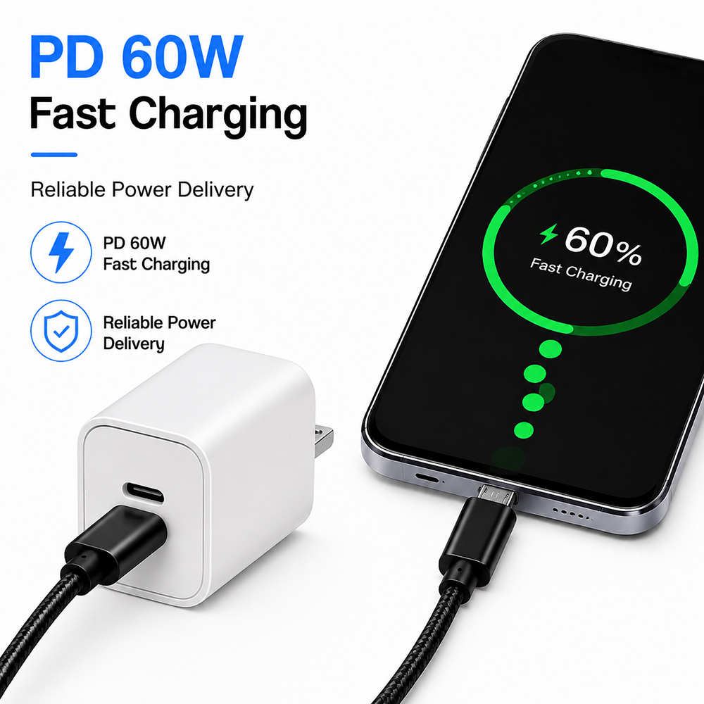 USB-C to Micro USB braided cable charging a Micro USB device with PD60W fast charging
