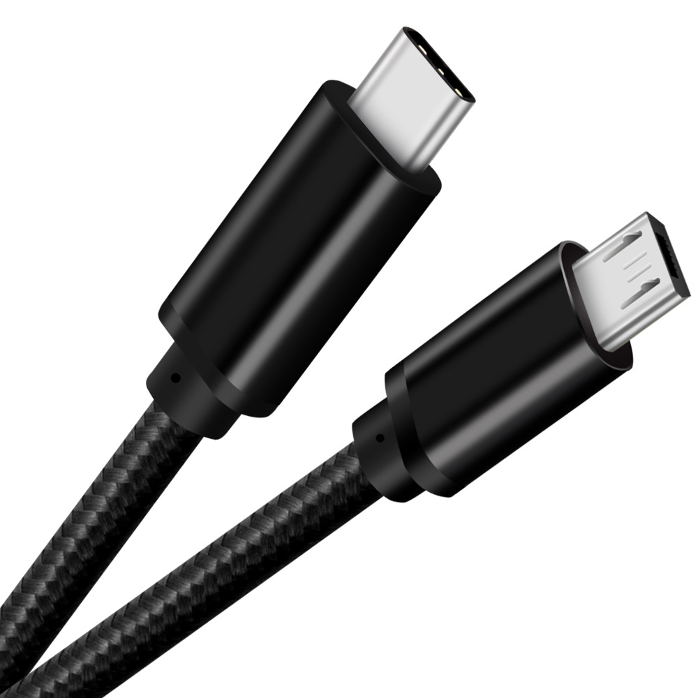 USB-C to Micro USB braided cable showing connector details and durable construction