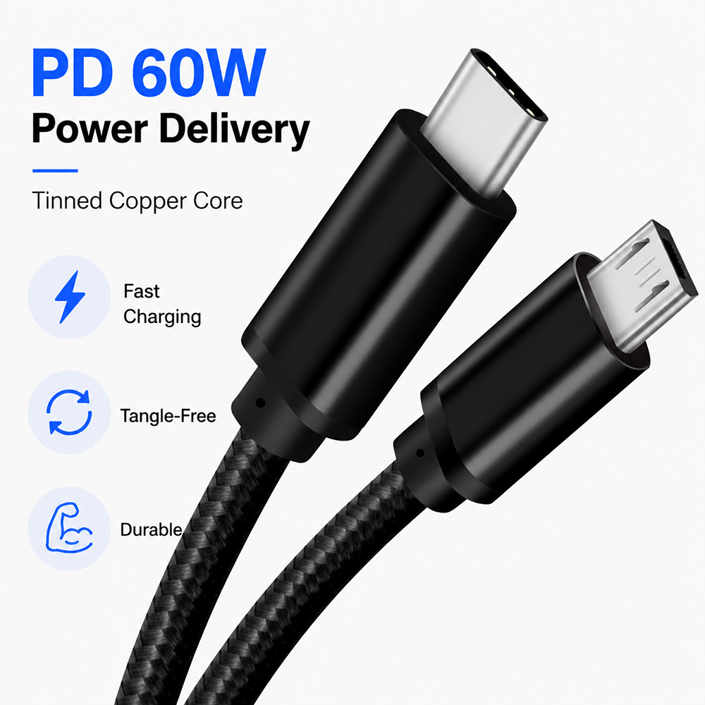 USB-C to Micro USB power delivery cable featuring fast charging and durable braided design