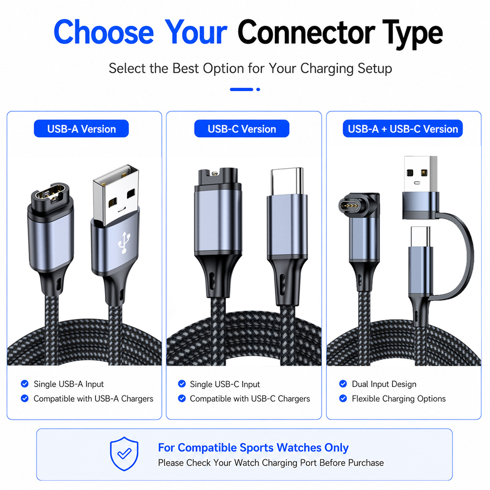 USB-A USB-C and Dual Connector charging cable options for compatible sports watches