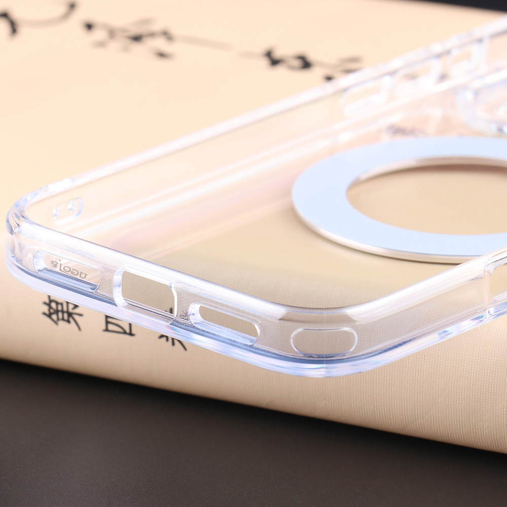 Close-up of clear MagSafe stand case bottom speaker and charging port cutout