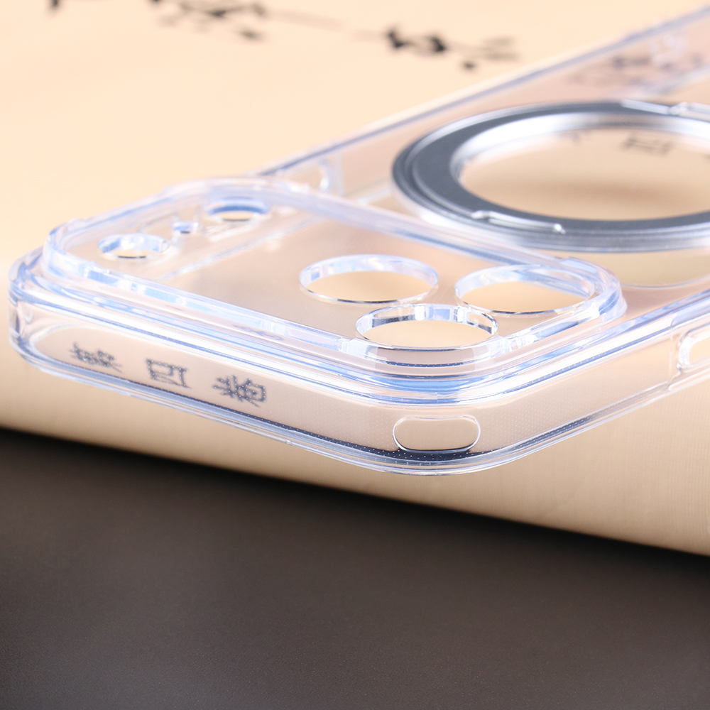 Close-up of clear MagSafe stand case camera cutout and raised camera protection