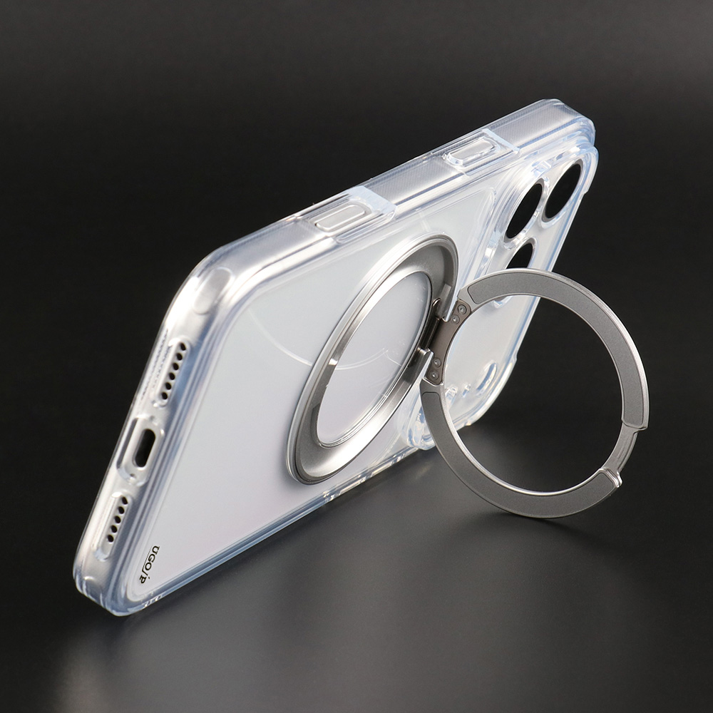 Clear MagSafe compatible case with built-in stand shown in horizontal viewing position