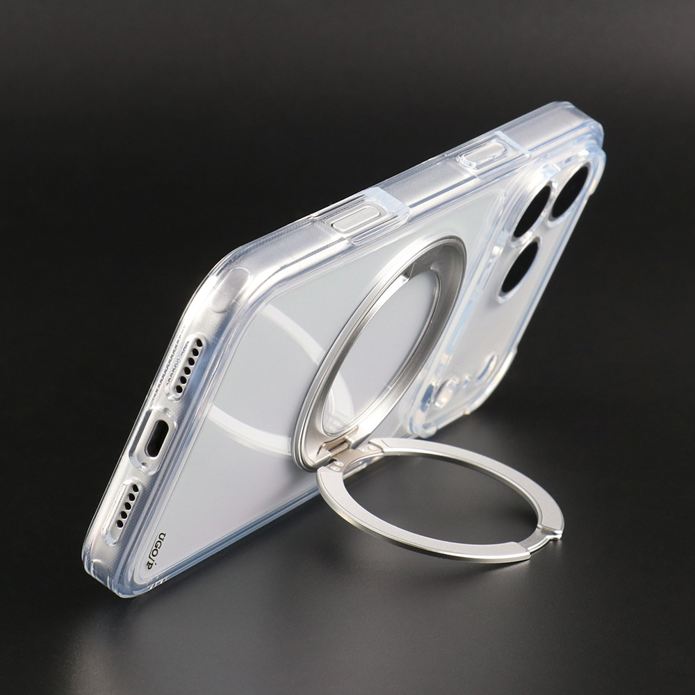 Clear MagSafe compatible case with built-in ring stand opened on the back