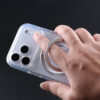 Clear MagSafe stand case with hand opening the built-in ring stand