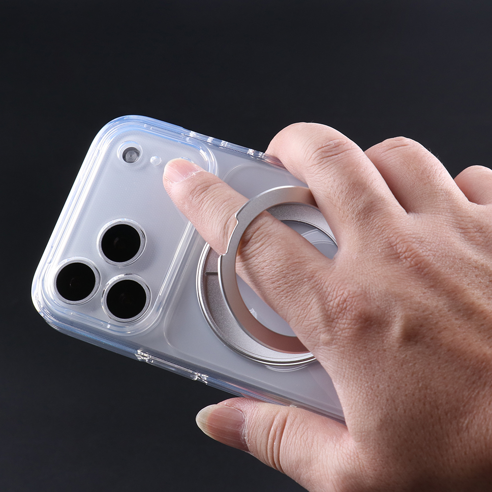 Clear MagSafe stand case with hand opening the built-in ring stand