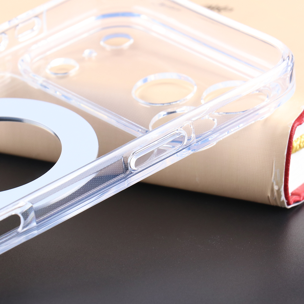 Close-up of clear MagSafe stand case side button area and transparent edge design