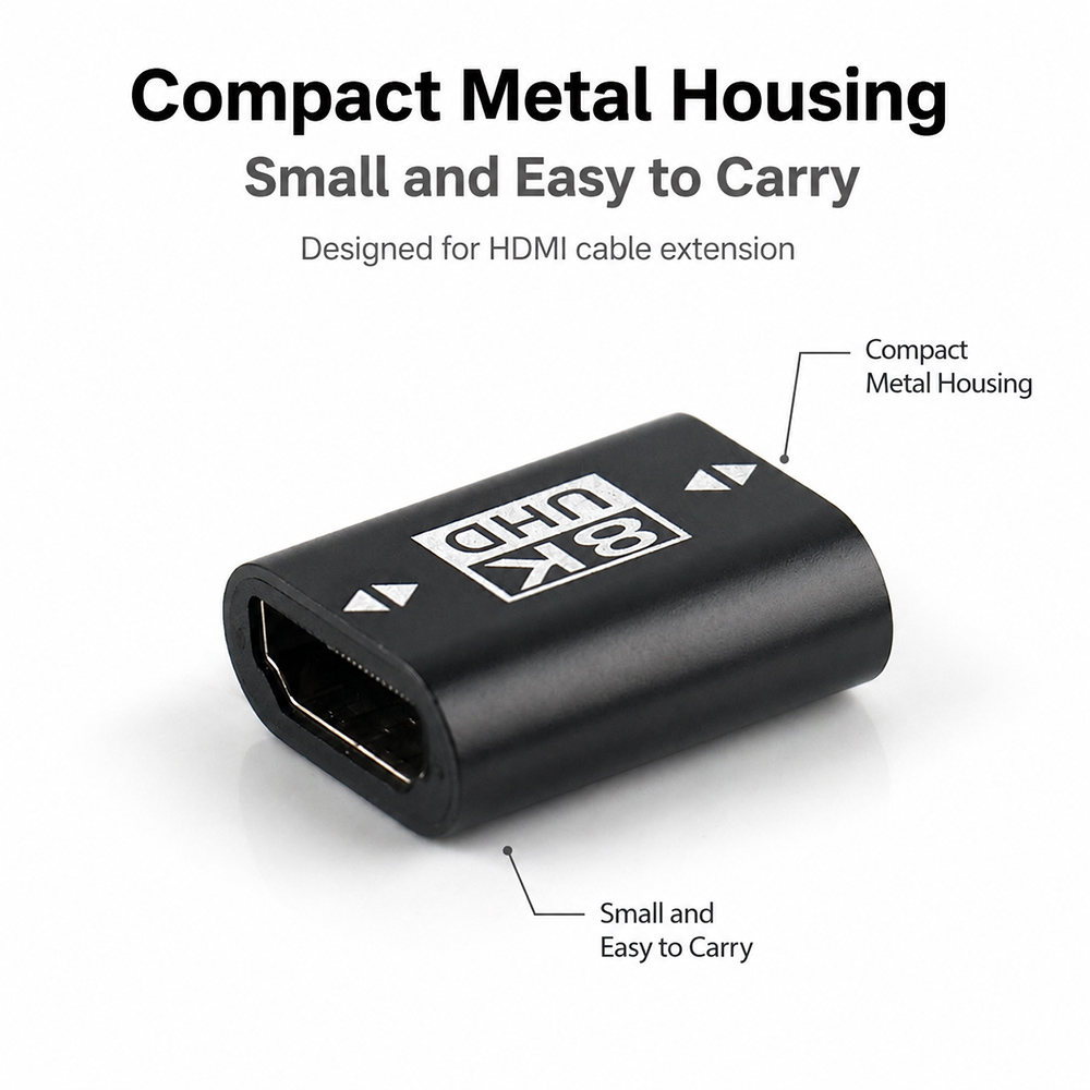 Compact metal housing 8K HDMI female to female adapter for cable extension