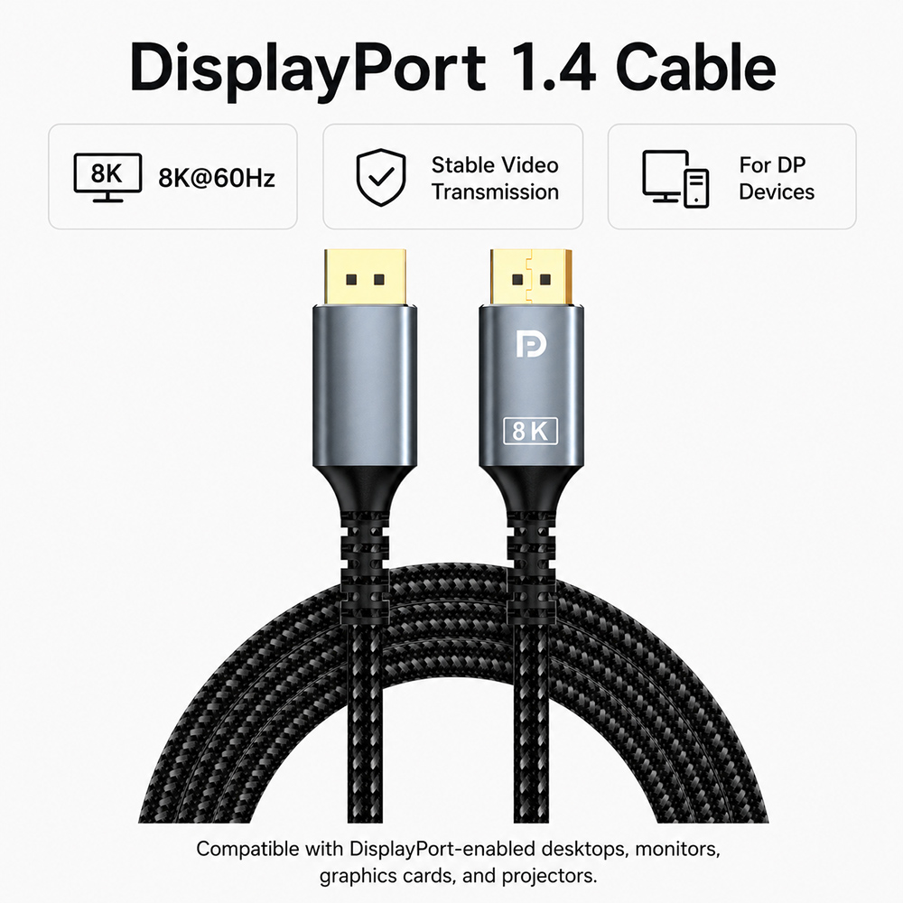 DisplayPort 1.4 cable with 8K at 60Hz stable video transmission for DP devices
