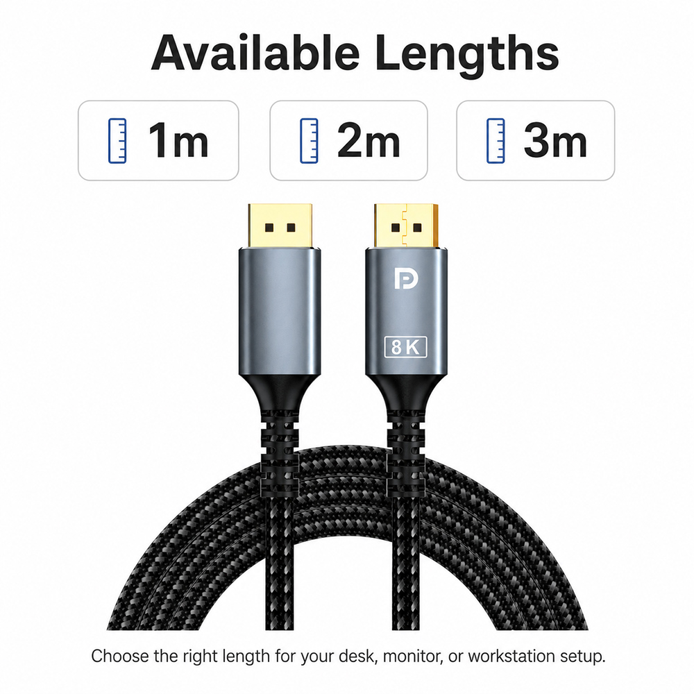 DisplayPort to DisplayPort cable available in 1m 2m and 3m lengths for desk monitor or workstation setup