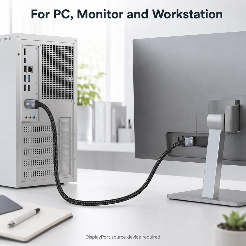 DisplayPort to DisplayPort cable connected between a desktop PC and monitor in a clean workstation setup