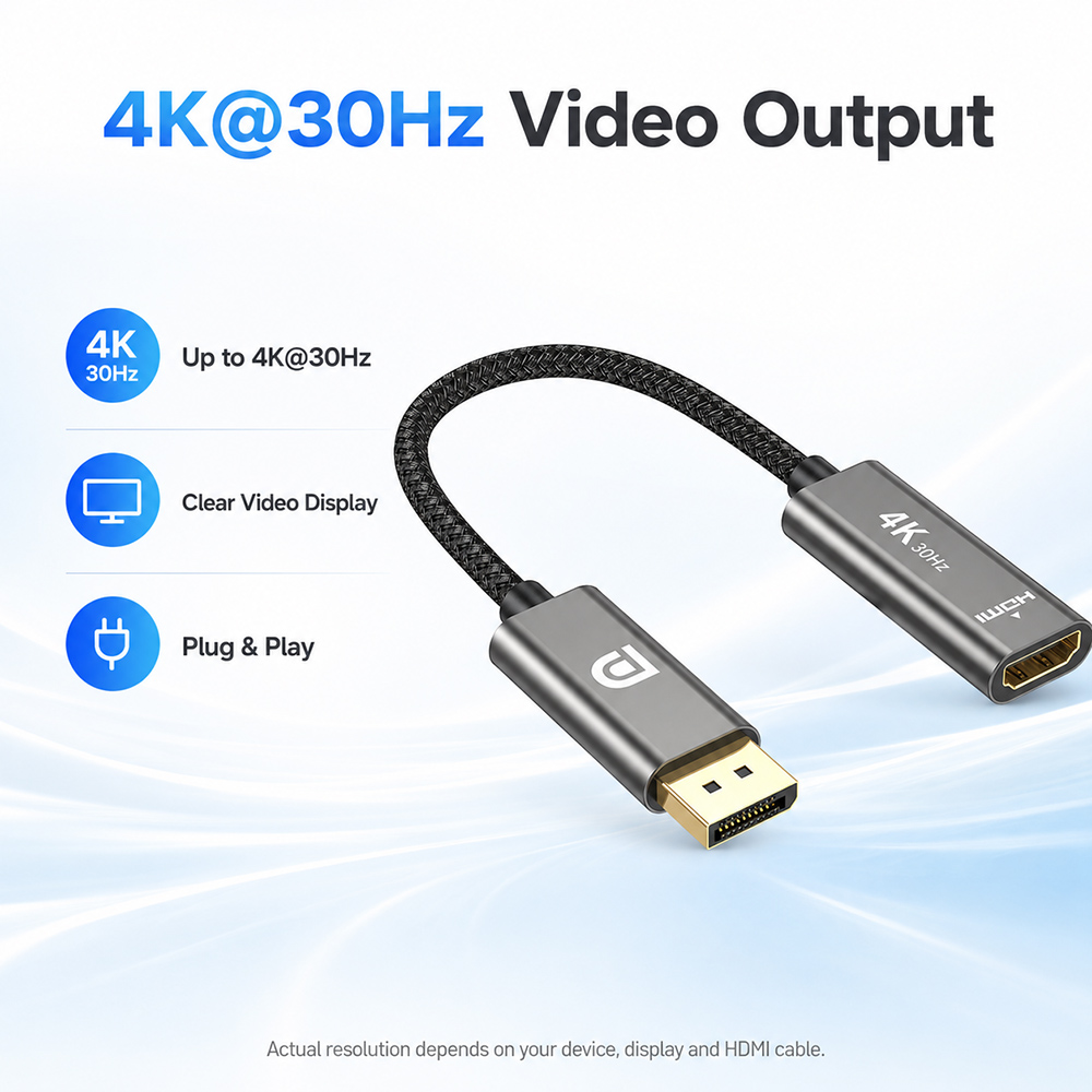 DisplayPort to HDMI adapter cable feature image showing up to 4K 30Hz video output, clear video display and plug and play use