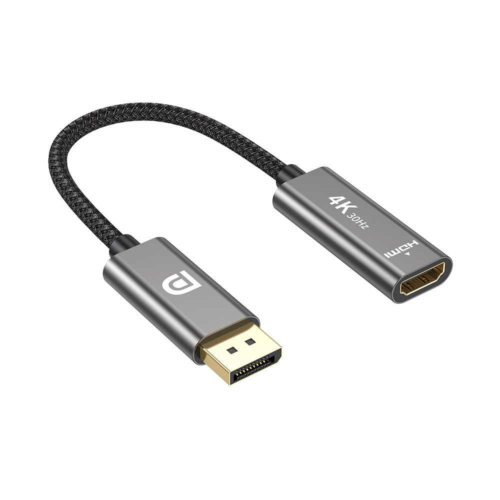 0.2m DisplayPort to HDMI adapter cable with DP male connector, HDMI female port, braided cable and 4K 30Hz support