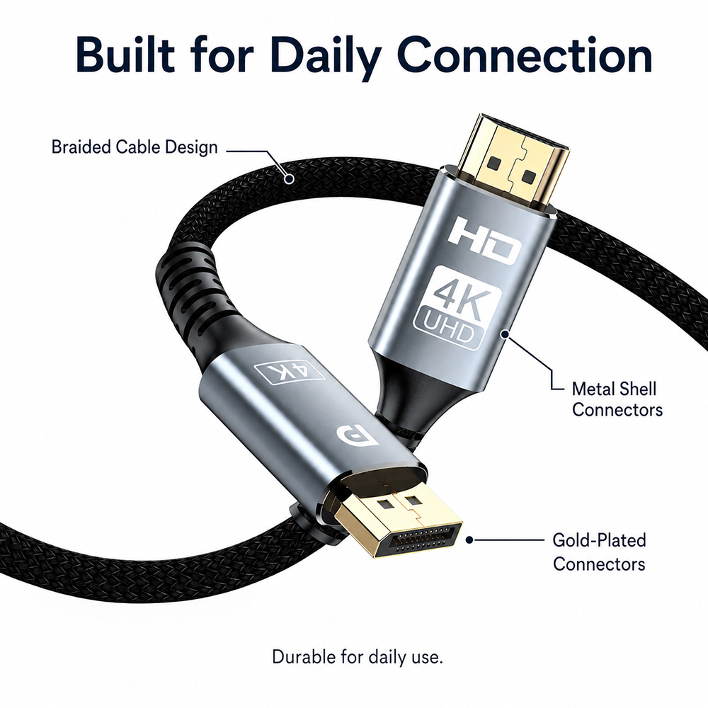 Braided DisplayPort to HDMI cable with metal shell and gold-plated connectors