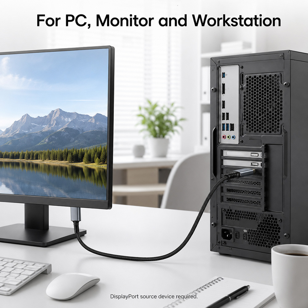 DisplayPort to HDMI cable connected from desktop PC to monitor in office setup