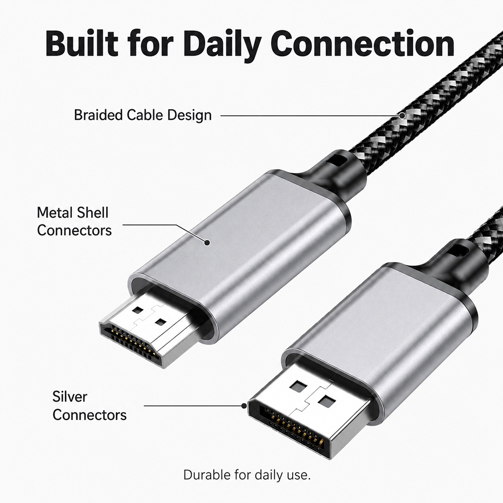 Silver DisplayPort to HDMI cable with braided cable design and metal shell connectors