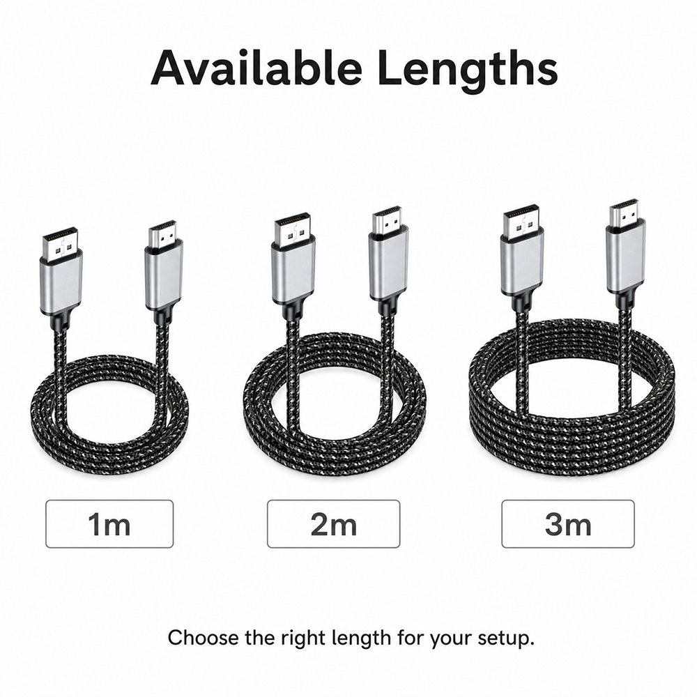 Silver DisplayPort to HDMI cable available in 1m 2m and 3m lengths
