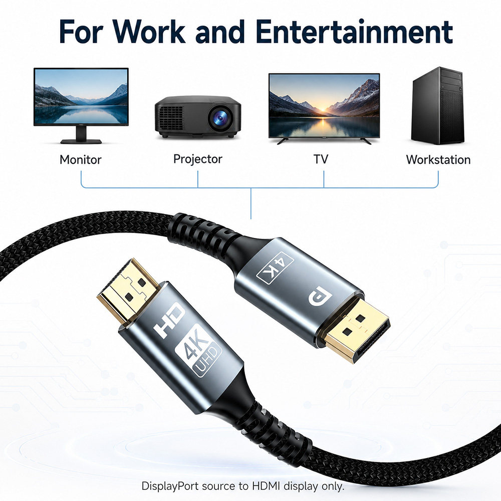 DisplayPort to HDMI cable for monitor projector TV and workstation use