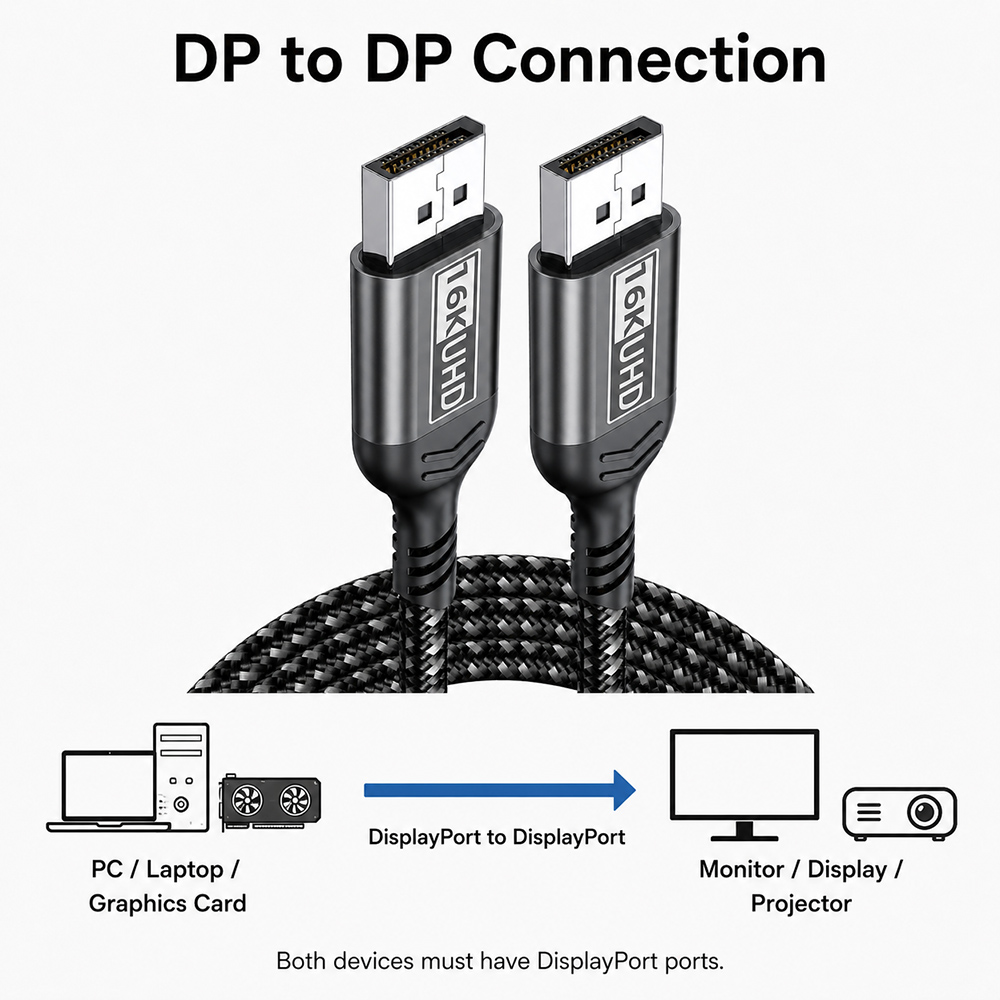 DP to DP connection guide for connecting PC laptop or graphics card to monitor display or projector