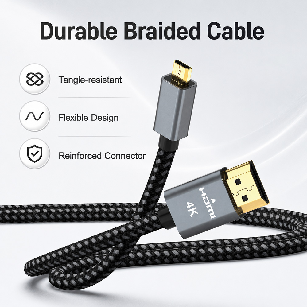 Durable braided Micro HDMI to HDMI cable with flexible design and reinforced connector housing.