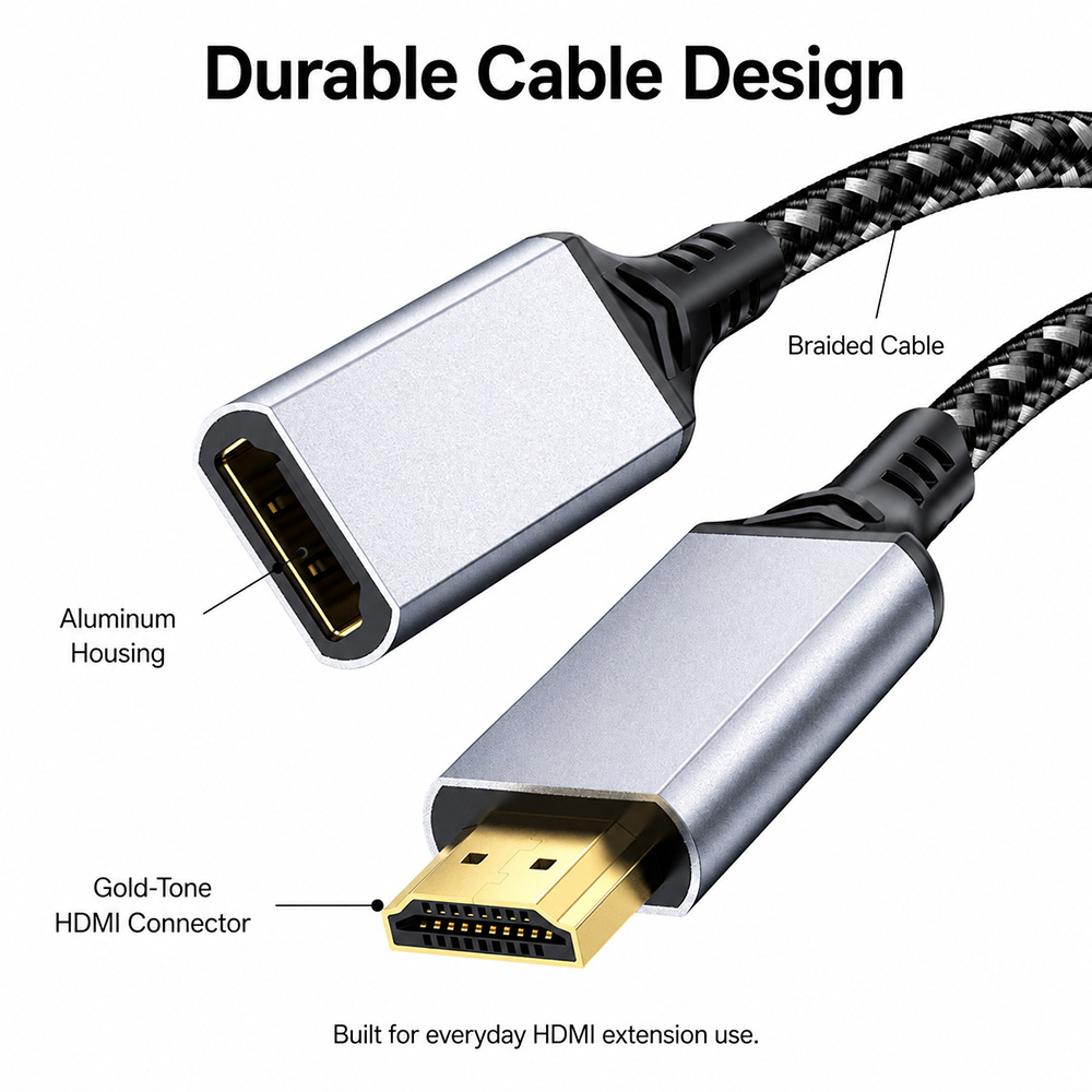 HDMI male to female extension cable with braided cable aluminum housing and gold-tone connector details