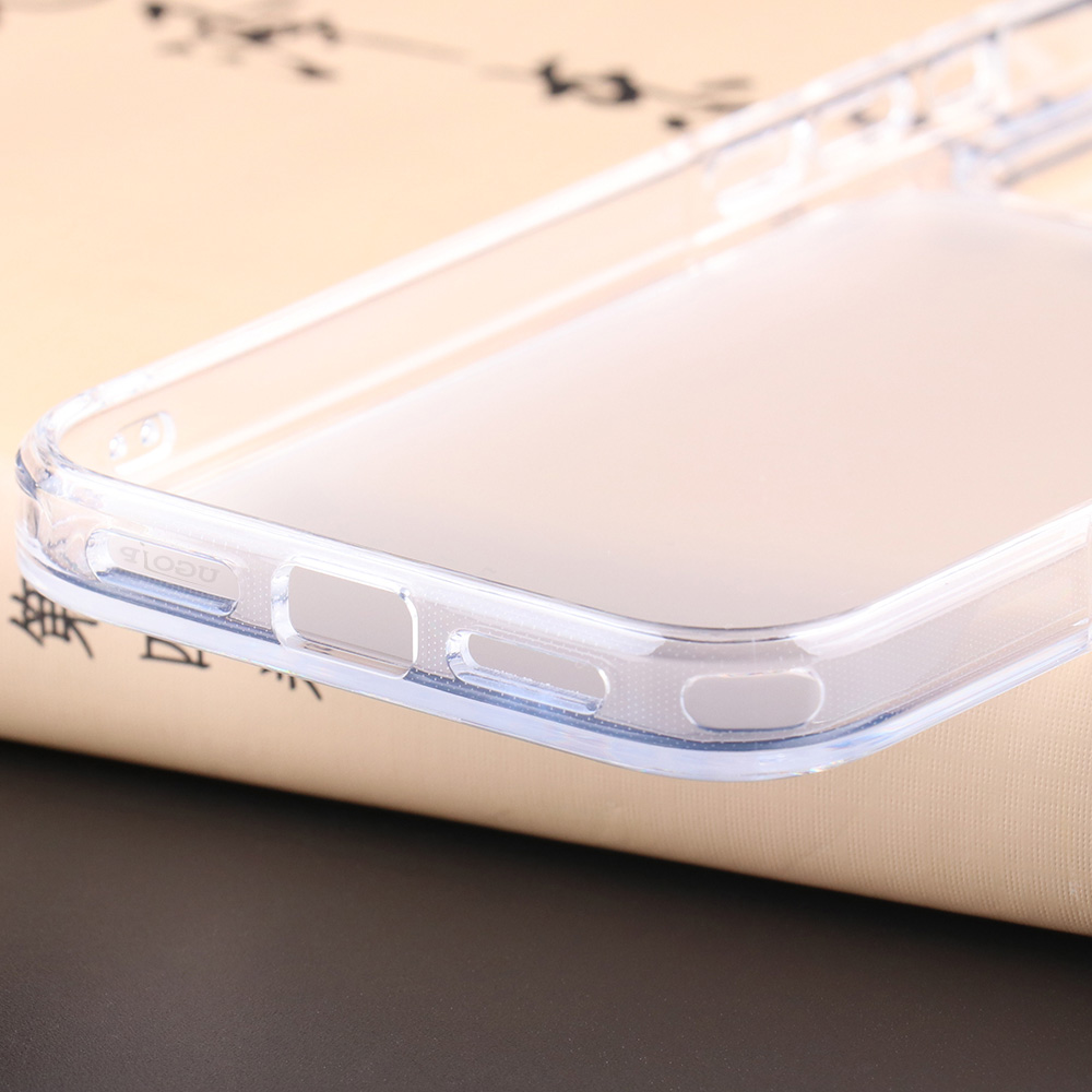 Close-up of frosted translucent iPhone case bottom speaker and charging port cutout