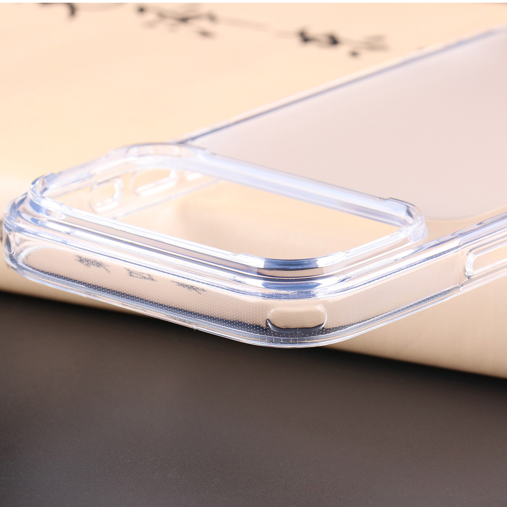 Close-up of frosted translucent iPhone case camera cutout and raised camera protection