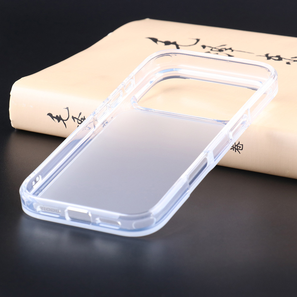 Frosted translucent iPhone case with soft clear TPU bumper and semi-transparent PC back