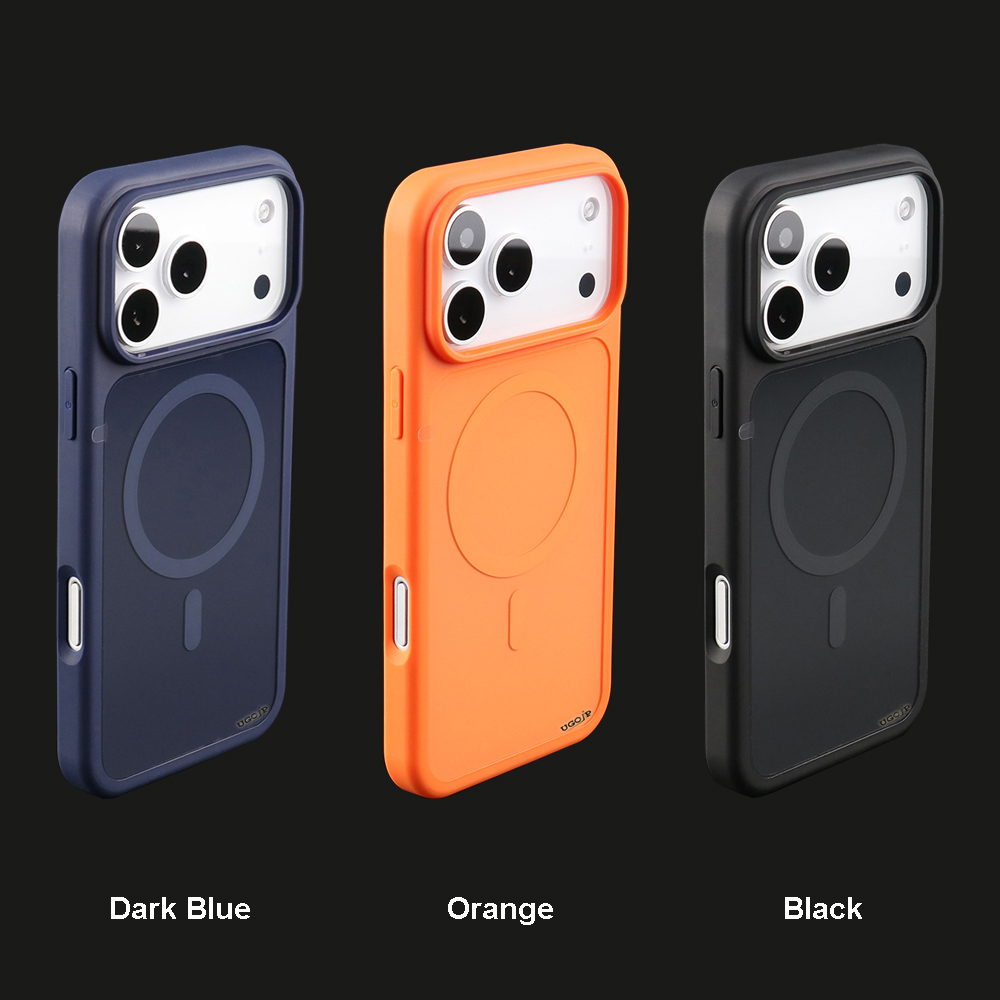 Glossy color case shown in dark blue, orange and black color options