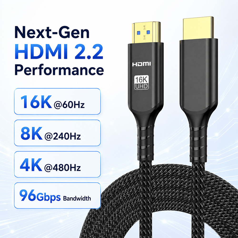 HDMI 2.2 cable performance image showing 16K 60Hz, 8K 240Hz, 4K 480Hz and 96Gbps bandwidth