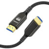 Angled view of HDMI 2.2 16K 96Gbps cable with braided jacket and gold-plated HDMI connectors