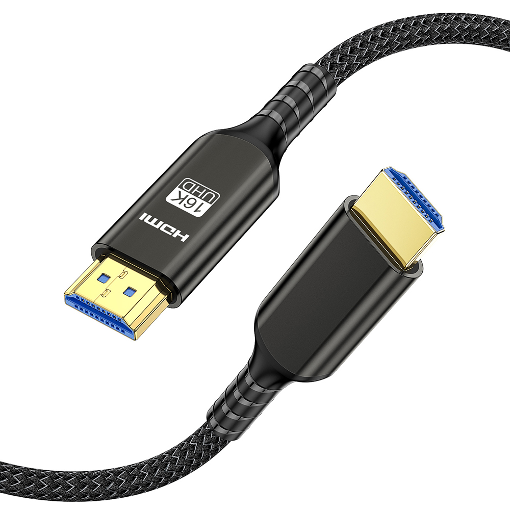 Angled view of HDMI 2.2 16K 96Gbps cable with braided jacket and gold-plated HDMI connectors