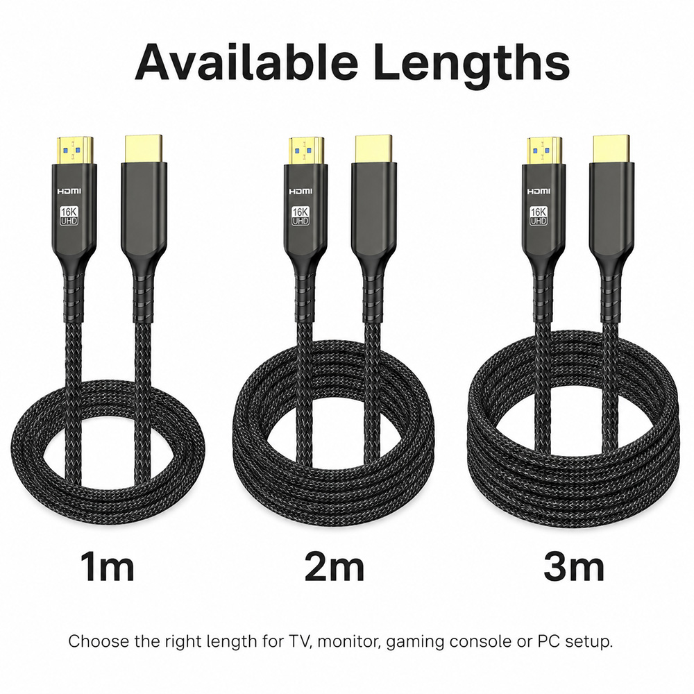 HDMI 2.2 braided cable available in 1m, 2m and 3m lengths for TV, monitor, gaming console and PC setup