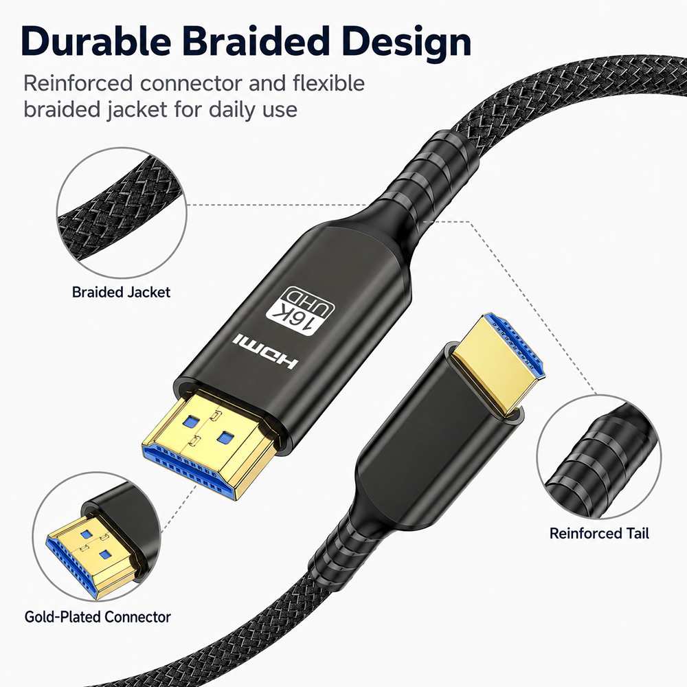 Durable braided HDMI 2.2 cable with reinforced tail, gold-plated connector and flexible woven jacket