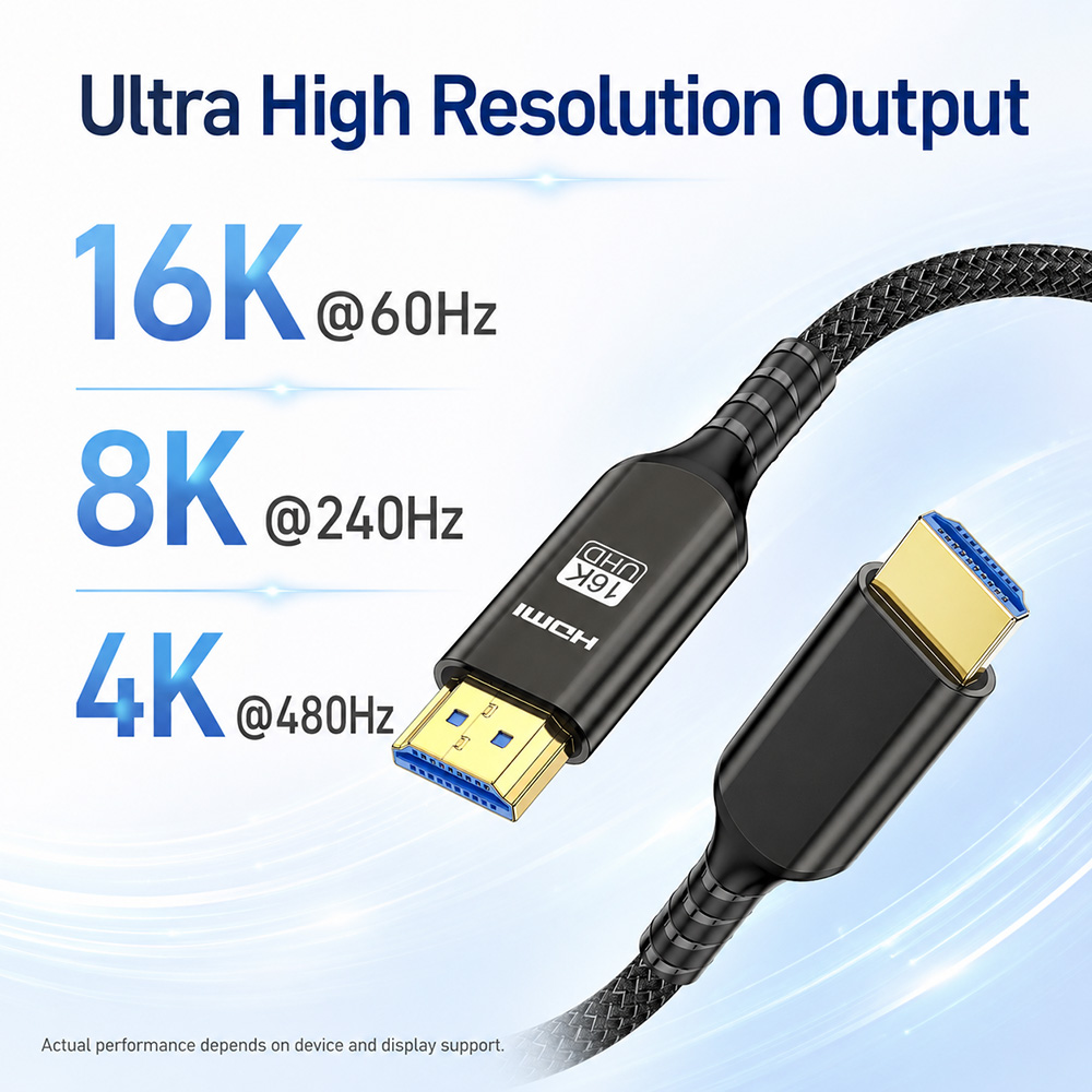 HDMI 2.2 cable supports ultra high resolution output including 16K 60Hz, 8K 240Hz and 4K 480Hz