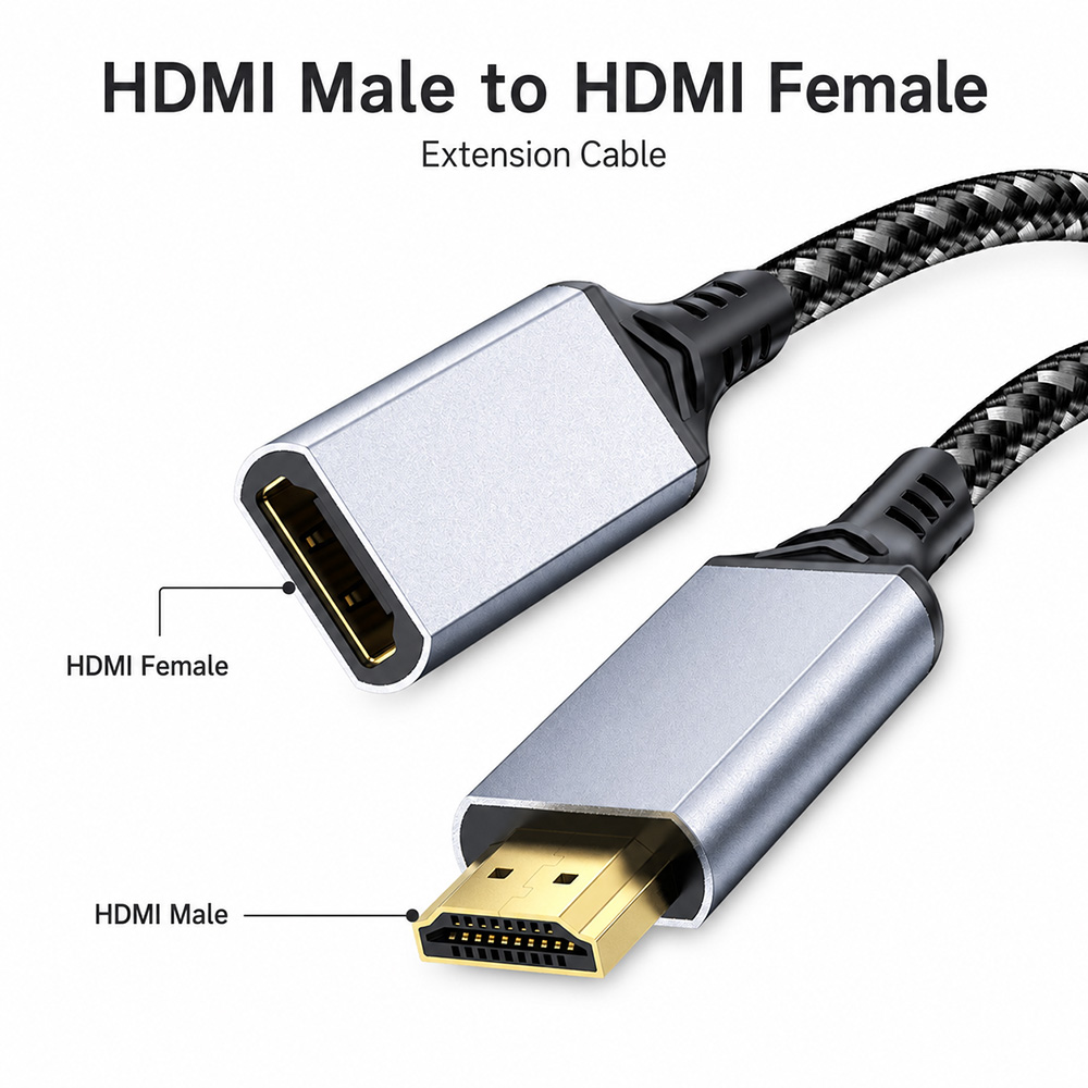 HDMI male to HDMI female extension cable showing male plug and female port interface labels