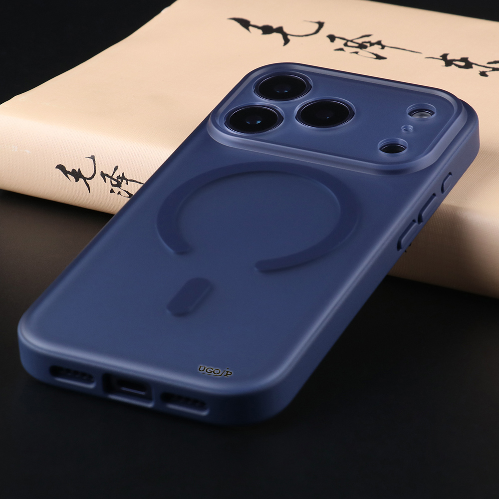 Blue matte case for iPhone 17 series shown on a dark product background