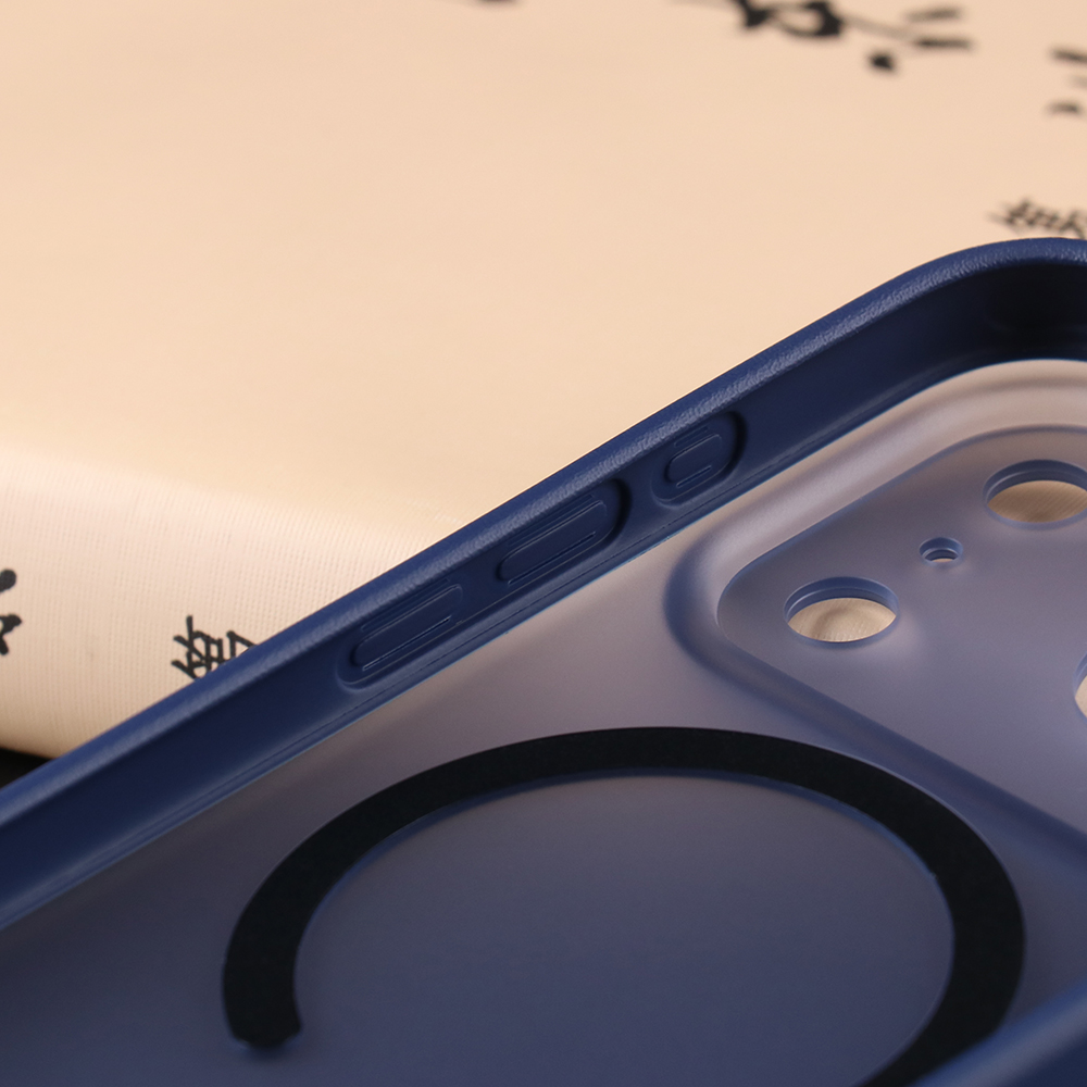 Close-up of matte case side edge, button cutout and smooth matte finish