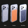 Matte color case shown in white, orange and dark blue color options