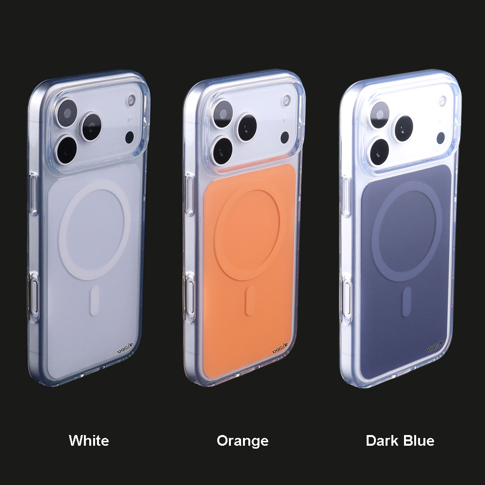 Matte color case shown in white, orange and dark blue color options