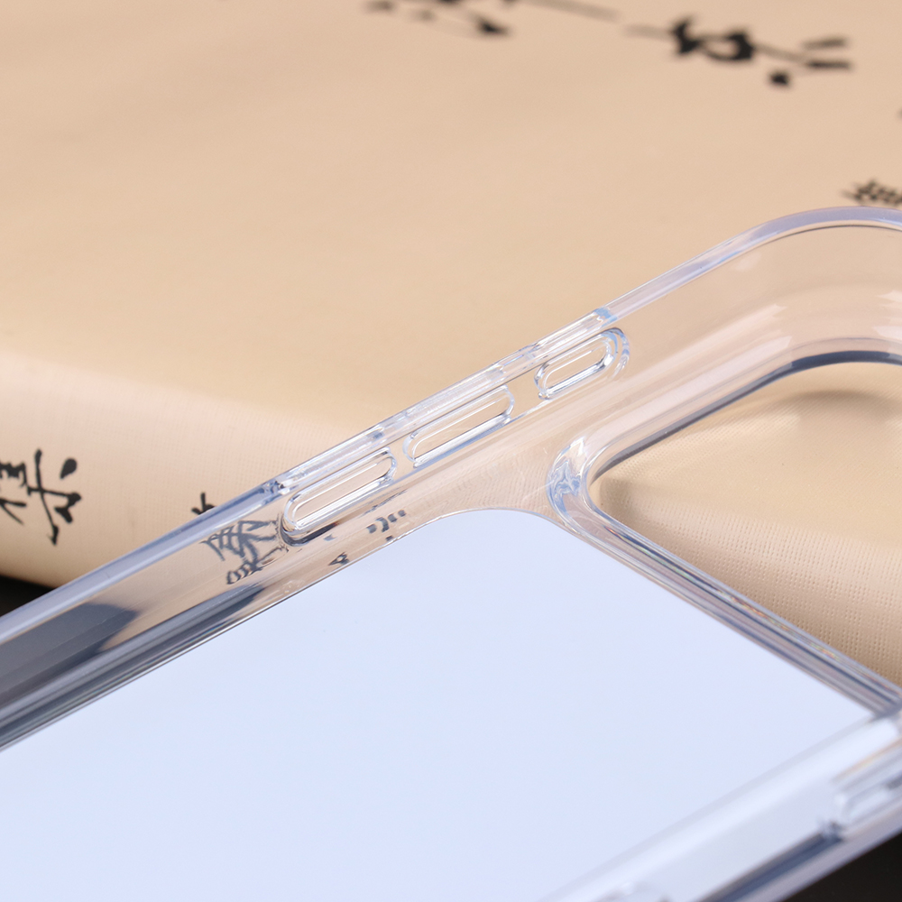 Close-up of matte color case side button area and clear TPU edge