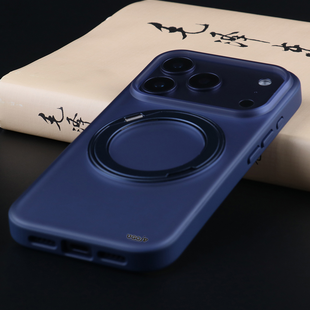 Blue matte MagSafe stand case shown on a dark product background