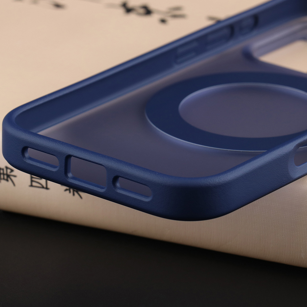 Close-up of matte MagSafe stand case bottom speaker and charging port cutout