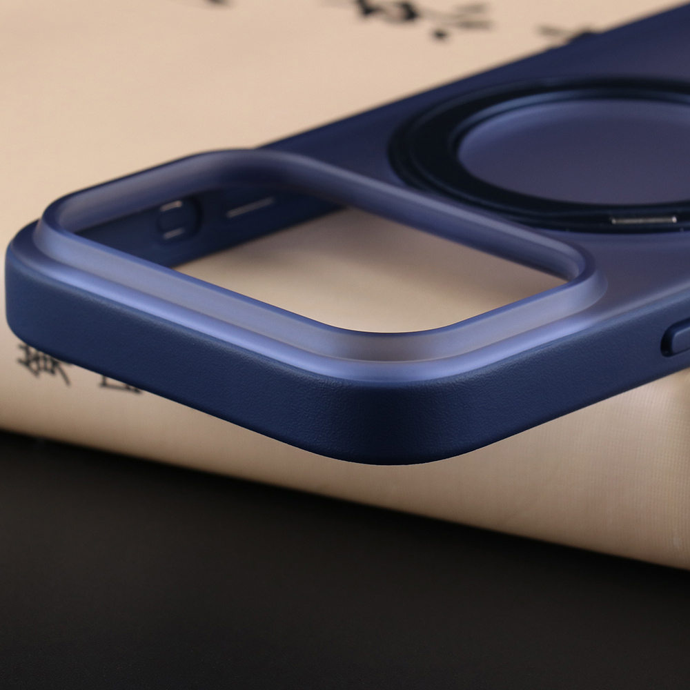 Close-up of matte MagSafe stand case camera cutout and raised camera area