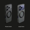 Matte MagSafe stand case showing precise camera cutout and large camera cutout options